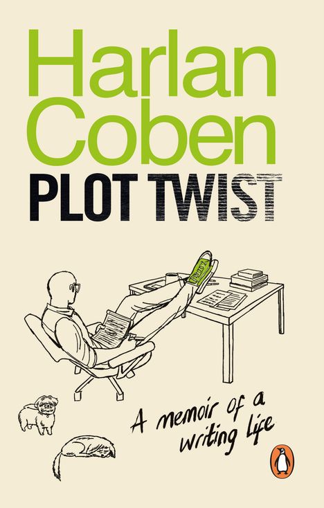 Text: "Harlan Coben, Plot Twist, A Memoir of a Writing Life." Ein Mann mit Brille sitzt an einem Tisch, ein Pinguin-Logo ist sichtbar.