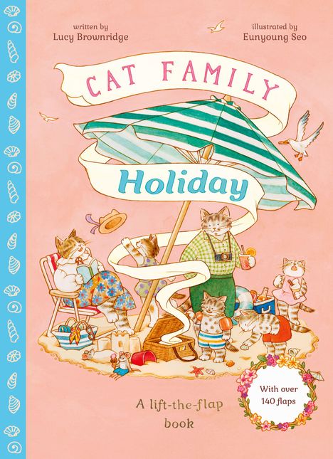 "Cat Family Holiday", Buchcover-Illustration: Katzen genießen Urlaub am Strand unter einem gestreiften Sonnenschirm.