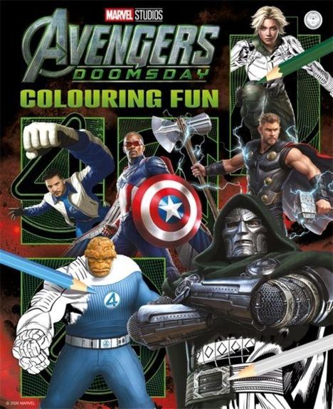 „AVENGERS DOOMSDAY COLOURING FUN“. Verschiedene Superhelden mit Waffen in dynamischen Posen.