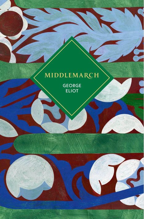 "Middlemarch" und "George Eliot" stehen in einem grünen Quadrat. Darunter florale Muster in Blau, Grün und Weiß.