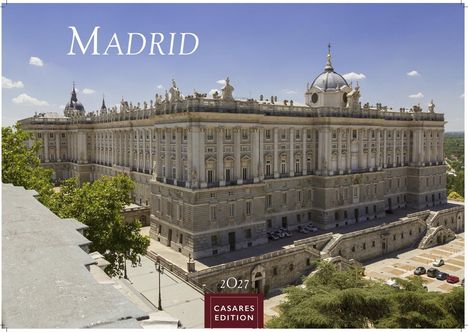 Text: "MADRID", "2027", "CASARES EDITION". Darstellung eines großen, imposanten Palastes mit klassischer Architektur unter klarem Himmel.