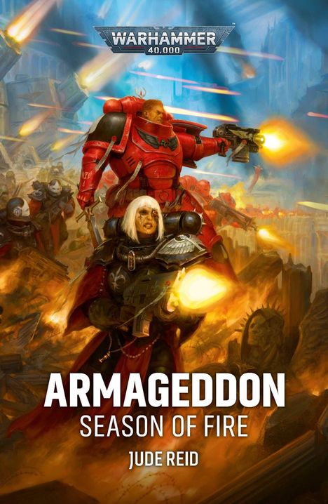 "ARMAGEDDON SEASON OF FIRE" und "JUDE REID" in kräftigen Buchstaben. Soldaten in roten Rüstungen kämpfen in einer futuristischen Schlacht.