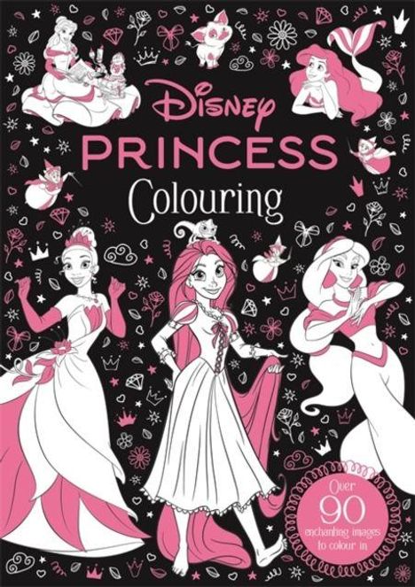 "Disney Princess Colouring" in pink. Prinzessinnen in Schwarz-Weiß mit pinken Akzenten, umgeben von kleinen Symbolen.