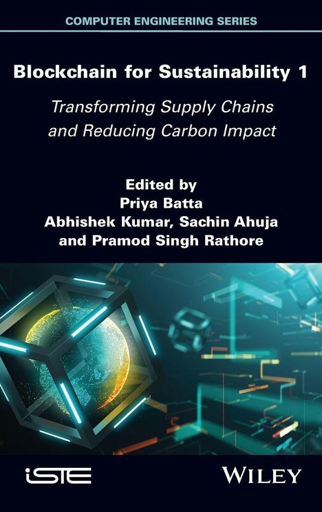 Titel: Blockchain for Sustainability 1. Untertitel: Transforming Supply Chains and Reducing Carbon Impact. Illustration zeigt ein stilisiertes 3D-Cube-Design.