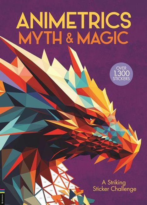 "ANIMETRICS MYTH & MAGIC, Over 1,300 Stickers, A Striking Sticker Challenge." Illustration eines geometrischen Drachens.