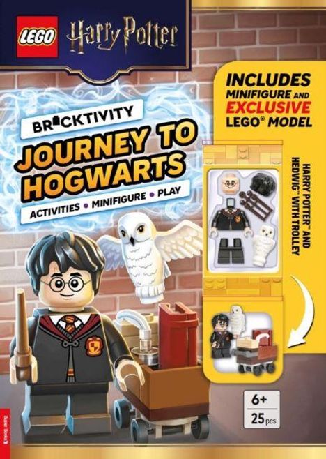 "Brick Activity: Journey to Hogwarts. Includes Minifigure. Harry Potter und Hedwig mit Kofferwagen. Für 6+, 25 Teile."