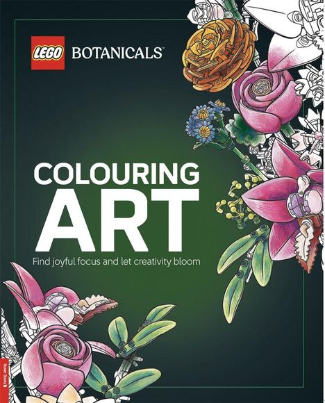 "LEGO Botanicals" und "Colouring Art" auf dunkelgrünem Hintergrund, bunte Blumenillustrationen umrahmen den Text.