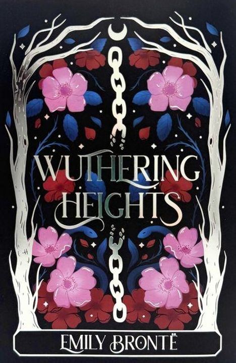 "Wuthering Heights", "Emily Brontë". Verschnörkelte weiße Zweige, rosa und rote Blumen auf schwarzem Hintergrund.