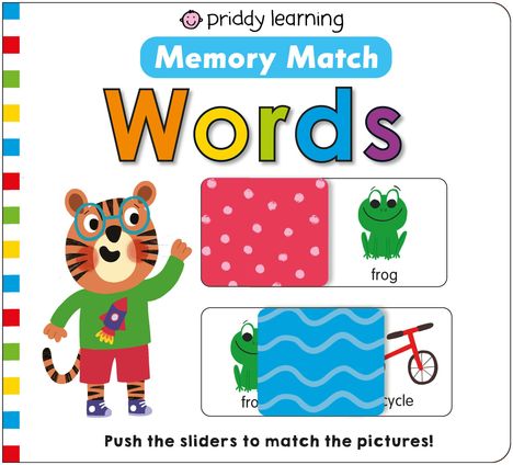 "Memory Match Words" und "Push the sliders to match the pictures!" Ein Cartoon-Tiger trägt ein grünes Shirt und rote Shorts.