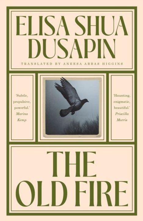 Text: "ELISA SHUA DUSAPIN", "THE OLD FIRE", Zitate von Marina Kemp und Priscilla Morris. Illustration: Ein fliegender Vogel.
