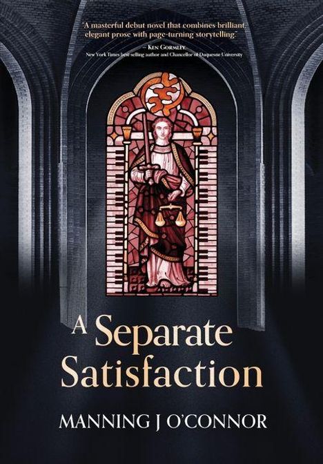 „A Separate Satisfaction“ von Manning J O'Connor. Mittig ein verziertes Kirchenfenster zeigt eine Figur mit Waage.