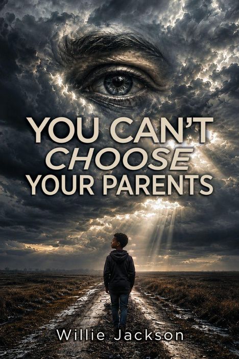"You can't choose your parents" steht groß über einem Himmel mit Auge, darunter ein Junge auf einem Feldweg.
