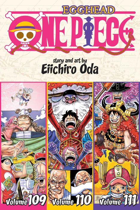 Logo „ONE PIECE“ prominent, Figuren in farbenfrohen Outfits, fröhlich und dynamisch, darunter Volumes 109, 110, 111.