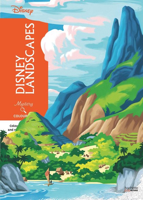 „Disney Landscapes“ steht in großen Buchstaben auf einem orangen Streifen. Illustration: Tropische Insel mit Segelboot.