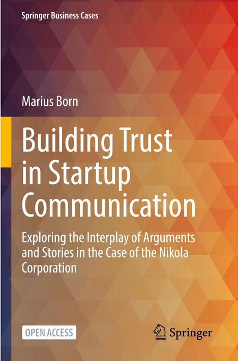 "Building Trust in Startup Communication" von Marius Born, mit buntem, geometrischem Hintergrund. "Open Access" unten links.
