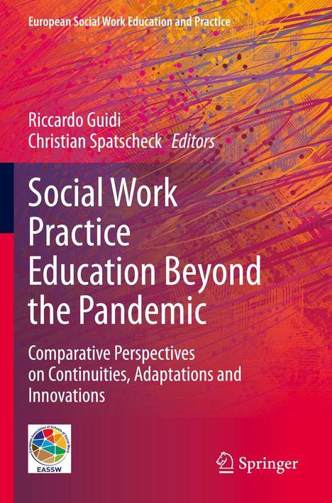 Text: "Social Work Practice Education Beyond the Pandemic". Farbige abstrakte Hintergrundgrafik in Rot und Orange.