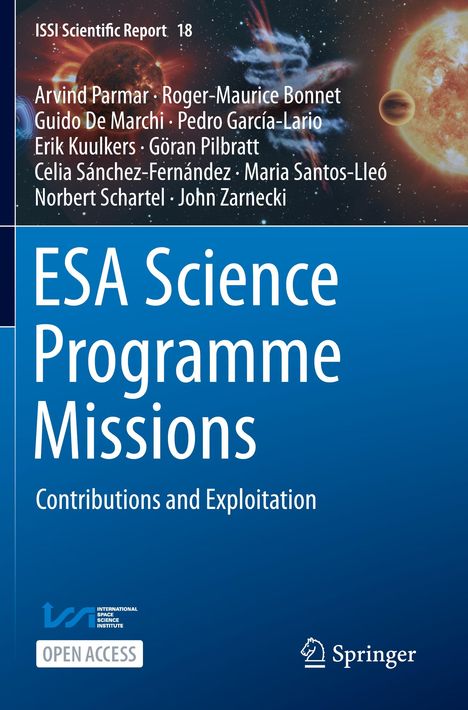 Titel: ESA Science Programme Missions. Autoren umfassen Arvind Parmar und weitere. Hintergrund zeigt Weltraum und Sterne.