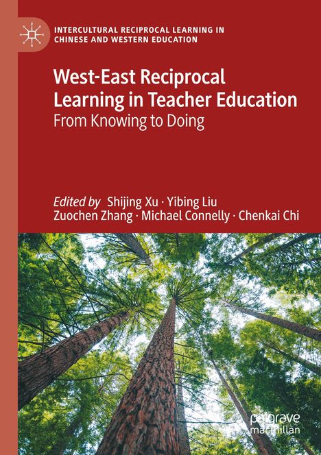 "West-East Reciprocal Learning in Teacher Education: From Knowing to Doing" auf rotem Hintergrund, unten Bäume von unten.