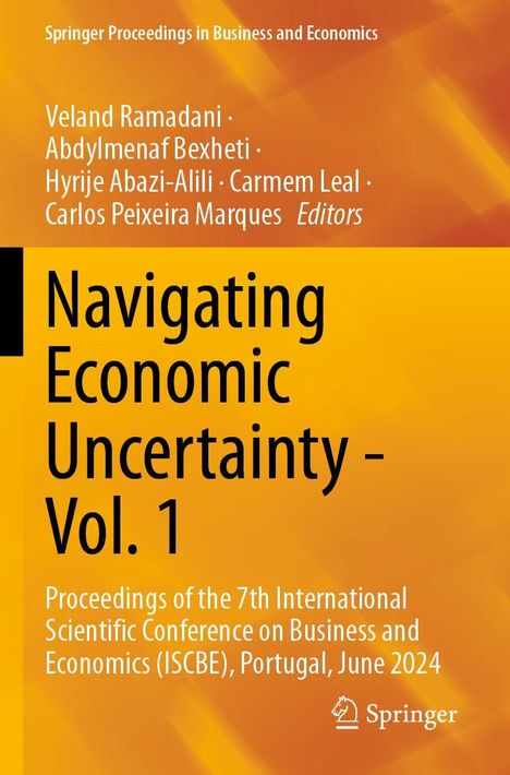 "Navigating Economic Uncertainty - Vol. 1" ist in schwarzer Schrift auf orangefarbenem Hintergrund zu sehen. Springer-Logo unten.