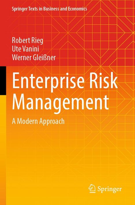 „Enterprise Risk Management: A Modern Approach“ von Robert Rieg, Ute Vanini, Werner Gleißner. Roter Hintergrund mit gelben Linien.