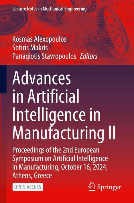 Titel: Advances in Artificial Intelligence in Manufacturing II. Mechanische Zahnräder und Blaupausen im Hintergrund.