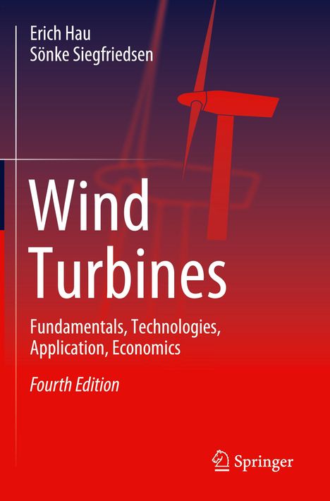 Erich Hau, Sönke Siegfriedsen, Wind Turbines, Fourth Edition. Illustration einer roten Windturbine auf blau-rotem Hintergrund.