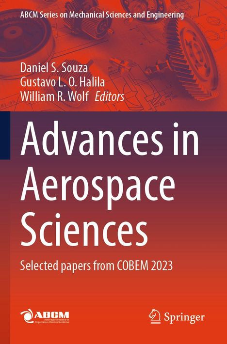 "Advances in Aerospace Sciences" in großen Buchstaben. Zahnrad-Hintergrund, rote Töne, ABCM und Springer Logos.
