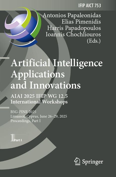 "Artificial Intelligence Applications and Innovations" mit Herausgebernamen. Logo oben links, Springer-Logo unten rechts.