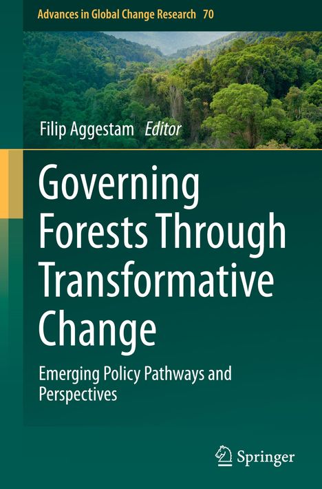 Titel: Governing Forests Through Transformative Change. Illustration: Dichte, grüne Waldlandschaft. Springer-Logo unten.