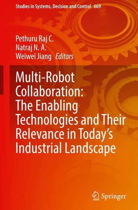 Oben: "Studies in Systems, Decision and Control 669". Titel: "Multi-Robot Collaboration...". Zahnrad-Hintergrund, Springer-Logo.