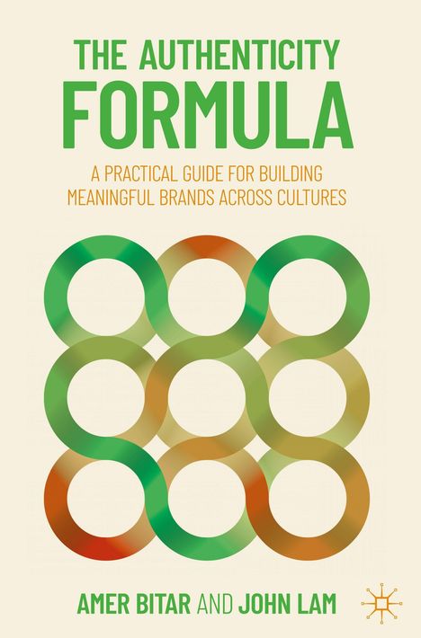 „THE AUTHENTICITY FORMULA“ in Grün, gefolgt von einem Ratgebertext in Orange; unten farbige, verschlungene Kreise.