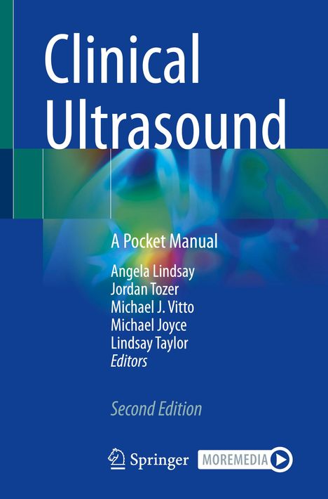 „Clinical Ultrasound: A Pocket Manual,“ Autoren: Angela Lindsay, Jordan Tozer, Michael J. Vitto; blaue und grüne Farbgestaltung.