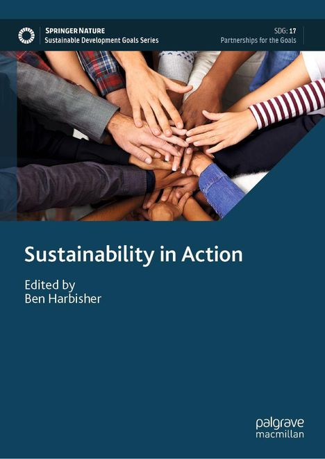 „Sustainability in Action” unten, viele Hände übereinander gestapelt oben.