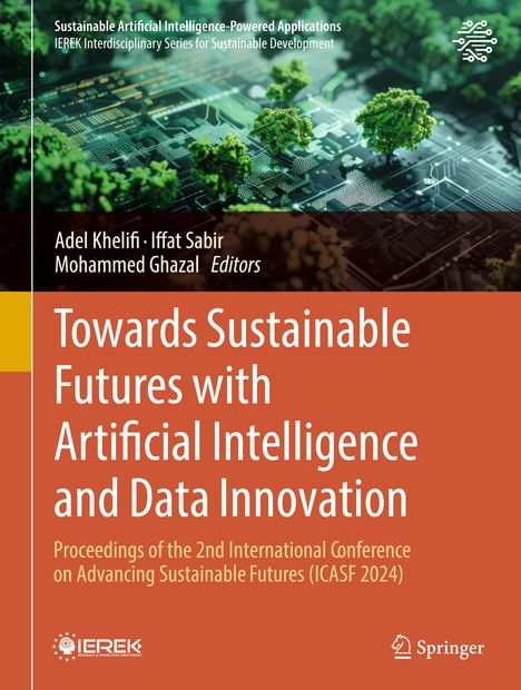 „Towards Sustainable Futures with Artificial Intelligence and Data Innovation“. Grüner Schaltkreis, Bäume, Logo.
