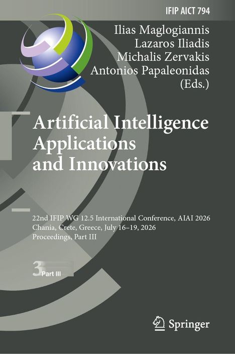 "Artificial Intelligence Applications and Innovations", Konferenzdetails, Herausgeber, dunkler Hintergrund, farbiges Logo.