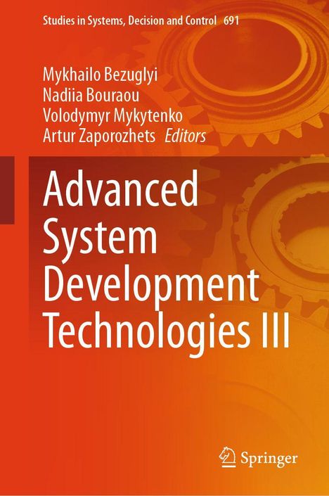 "Advanced System Development Technologies III" von Mykhailo Bezuglyi und anderen. Zahnrad-Hintergrund, Springer-Logo.