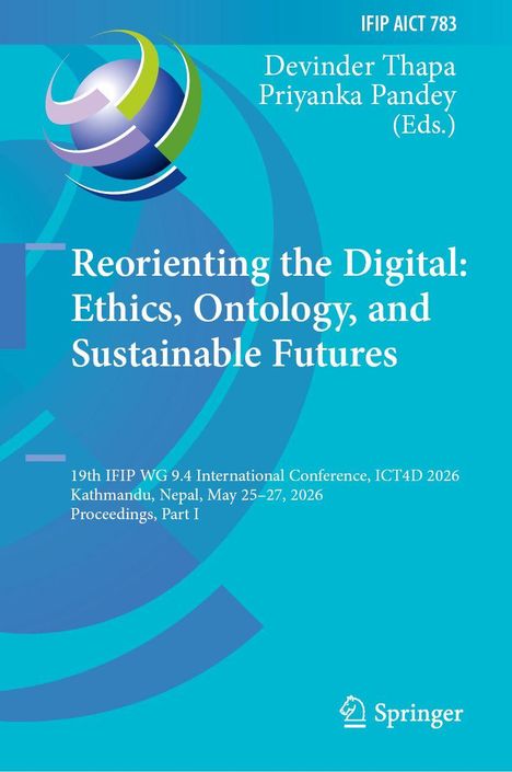 "Reorienting the Digital: Ethics, Ontology, and Sustainable Futures" in Weiß auf Blau. Abstraktes Globus-Logo oben links.