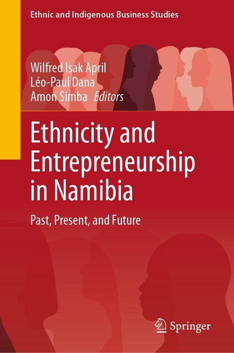 Text: "Ethnicity and Entrepreneurship in Namibia: Past, Present, and Future." Rote Silhouetten von Gesichtern auf einem roten Hintergrund.