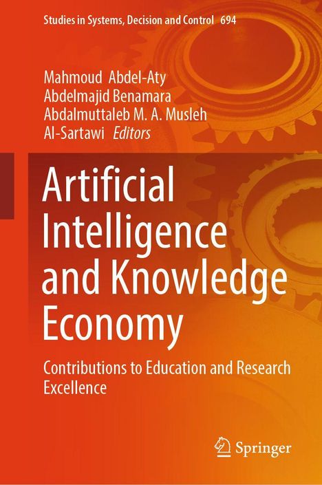 "Artificial Intelligence and Knowledge Economy" ist der Titel eines Buchcovers in Orange, mit Zahnrädern im Hintergrund.