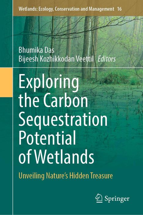 Titel: "Exploring the Carbon Sequestration Potential of Wetlands". Hintergrund: Waldszene mit grünen Bäumen.