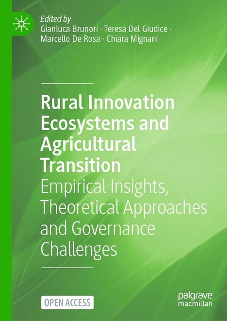 Titel: "Rural Innovation Ecosystems and Agricultural Transition"; Herausgeber: Gianluca Brunori et al.; Grüner Hintergrund.