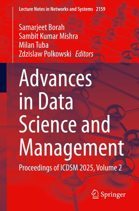 „Advances in Data Science and Management“, Buchcover mit Autorenliste und Springer-Logo, Moleküle im Hintergrund.