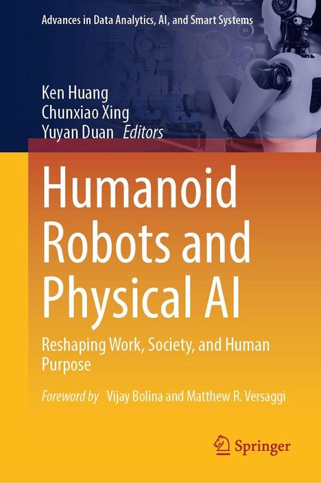 Titel: Humanoid Robots and Physical AI. Hintergrund: Roboter mit digitalen Anzeigen, Logo unten rechts.