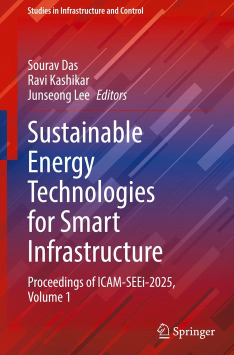 Text: Sustainable Energy Technologies for Smart Infrastructure. Hintergrund: Abstraktes, geometrisches Muster in Rot und Blau.