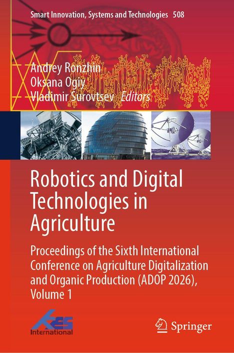 "Robotics and Digital Technologies in Agriculture" Buchcover mit technischen Illustrationen unten und Logos.