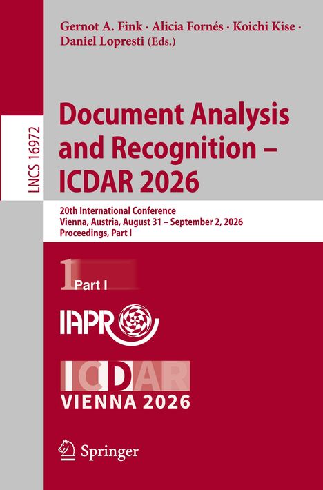 "Document Analysis and Recognition – ICDAR 2026" auf grauem und rotem Hintergrund. Konferenzdetails und Logos.