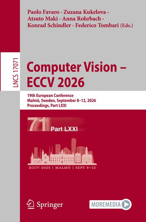 Texts: "LNCS 17071", "Computer Vision – ECCV 2026", "19th European Conference", "Malmö", "Sweden", "September 8–12", "Proceedings, Part LXXI", "Springer". 

Illustration: Silhouette von Gebäuden.