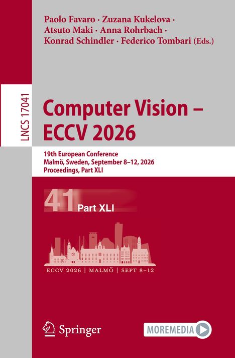 Der Text beschreibt die ECCV 2026 in Malmö, Schweden. Es ist ein Buchcover in Rot und Grau mit Stadt-Silhouette.