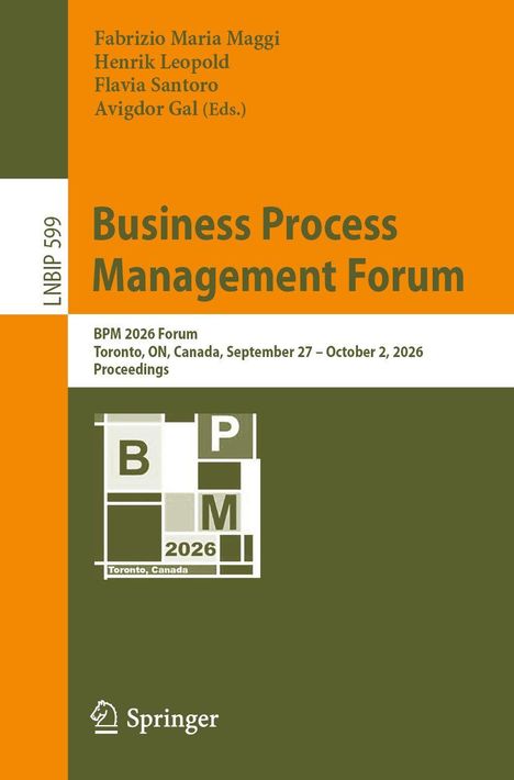 Business Process Management Forum, BPM 2026 in Toronto. Oben Namen der Herausgeber. Grün-orangen Hintergrund. Springer-Logo.