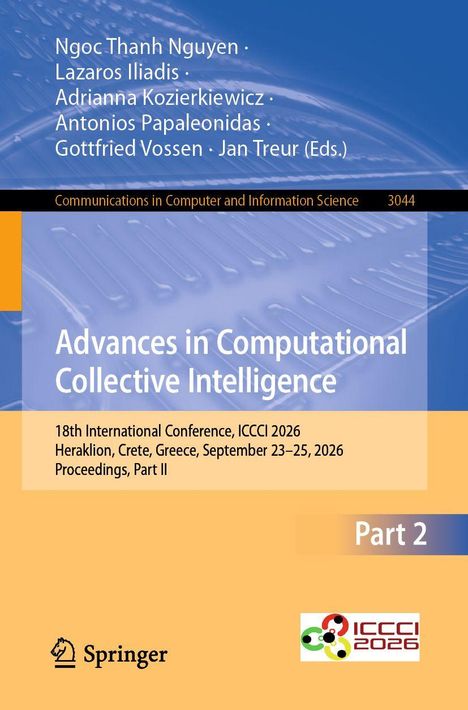 Buchtitel: "Advances in Computational Collective Intelligence". Herausgeber: Nguyen, Iliadis, Kozierkiewicz. Buchcover in Blau-Orange.